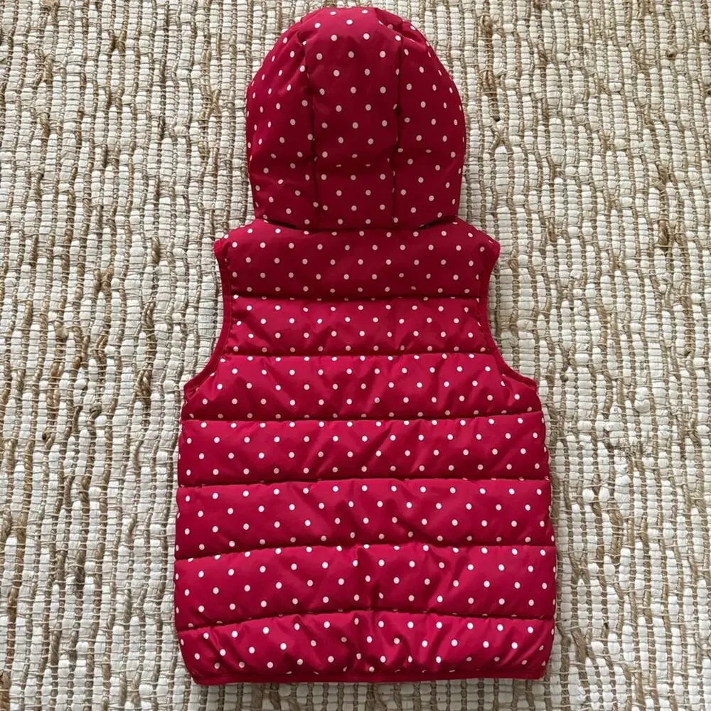 Gymboree Girls Hooded Reversible Puffer Vest Red White Polka Dot Apple Print 6